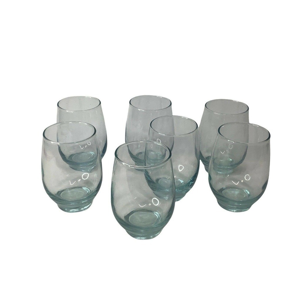 VINTAGE Roly Poly Libbey Tempo Juice Wine Glass Tumbler Aqua Blue Set Of 7 ‘70’s